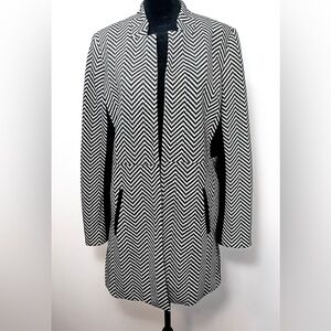 Kasper Women Black White Herringbone Chevron Open Front Longline Blazer Jacket 8